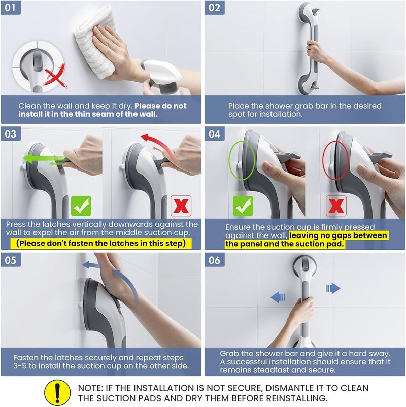 TAILINK Grab Bars for Bathtubs and Showers 2 Pack Shower Handle, Heavy Duty Suction Grab Bar Bath Handrails for Seniors and Elderly, Bathroom Safety Grip No Drilling Waterproof Removable, Grey - Image 3